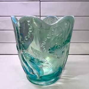 Fenton Vintage Atlantis Koi Fish Aqua Blue Green Opal Opalescent Iridescent Vase